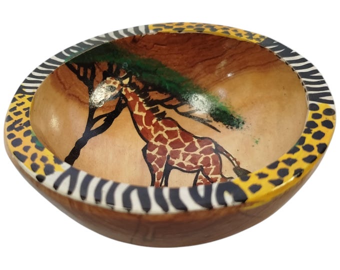 Hand-Painted Wooden Soup Bowl with Giraffe Motif- African Art & Home Decor
