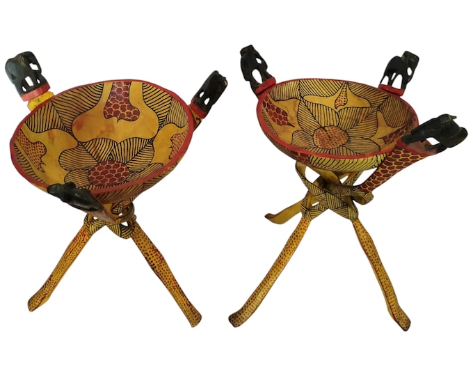 A Hand-Carved & Painted Wooden Bowl Stands with Elephant, Giraffe, and Floral Motifs - Set of Two African Art Decor
