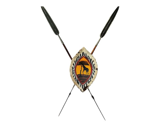 Samburu Beauty: Spears and Shield for Hunt & Home Décor (Giraffe Sunset) 1 shield of your choice and 2 Samburu Spears White