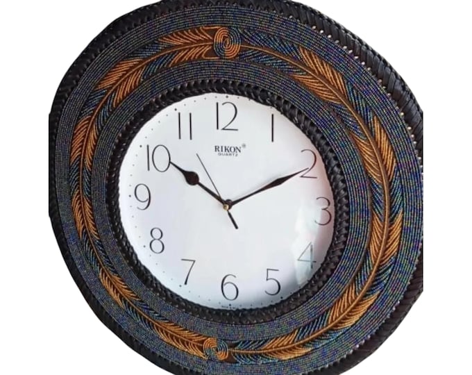 Handcrafted African Beaded Wall Clock, Bronze & Iridescent Blue Feather Pattern Frame, Boho Neutral Home Decor, Housewarming Gift