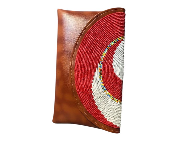 Handcrafted African Beaded Leather Envelope Clutch – Maasai Style Beaded Handbag, Boho Evening Purse, Artisanal Gift for Her