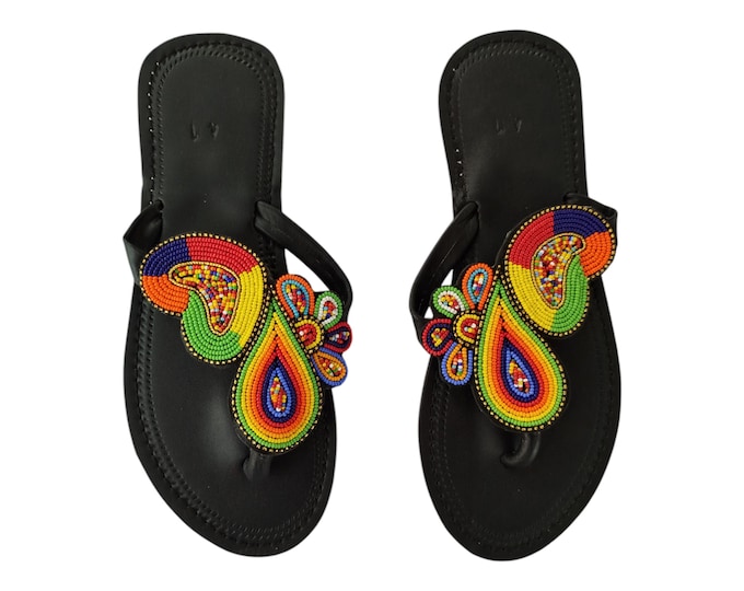 Colorful Teardrop Sandals Women Summer Beach Handmade African Wedding Bday Gift Rainbow Beaded Flip Flops Leather Finest Beads Unique Art