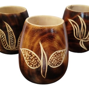 On sale !! Hand-Carved Wooden Tumblers with Leaf Designs - Set of Three |Traditional Decor| Home Decor