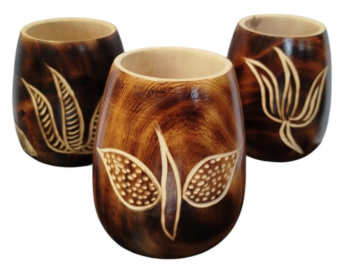 On sale !! Hand-Carved Wooden Tumblers with Leaf Designs - Set of Three |Traditional Decor| Home Decor