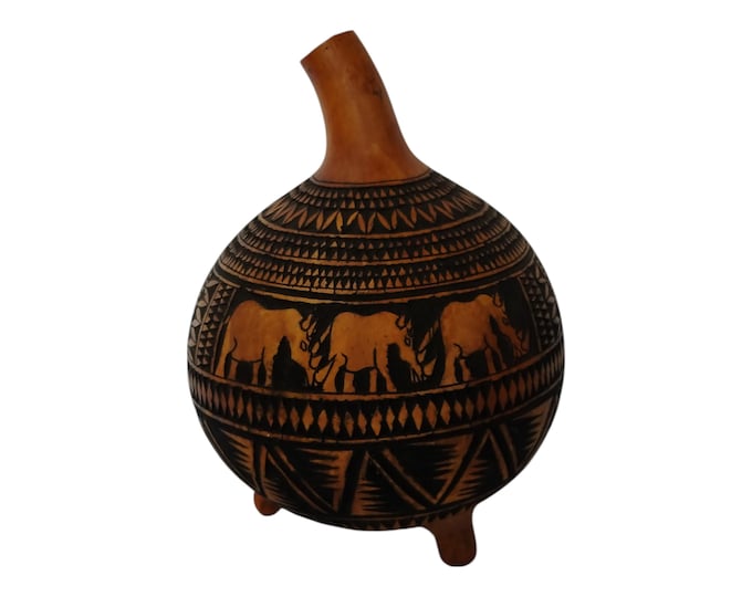 ON SALE! Hand-Carved and Painted Wooden Gourd Bowl with Rhino, Elephant, Zebra, and Floral Motifs- Cultural Wall Art- Unique Home decor