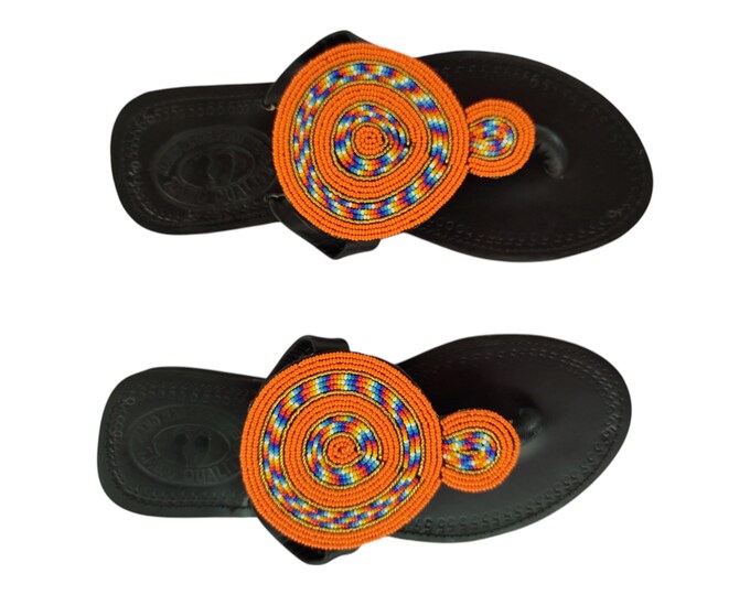 Orange Beaded Sandals Women Summer Beach Handmade African Wedding Bday Gift Colorful Circle Design Flip Flops Leather Look Finest Beads Art