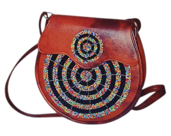 Handcrafted African Beaded Genuine Leather Crossbody Bag, Brown Saddle Bag with Concentric Beadwork, Boho Travel Purse Gift