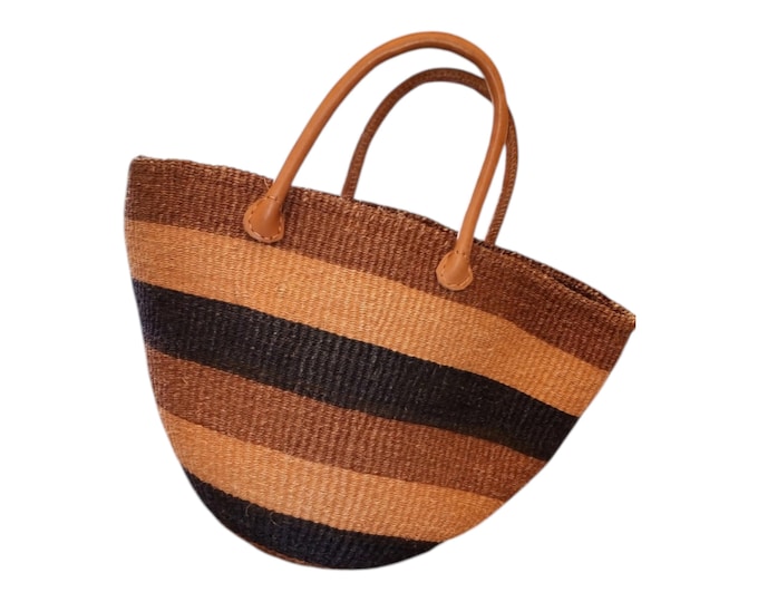 African Sisal Kiondo Handbag Black Beige Beach Bag Handmade Gift African Decor Shopping Bag Storage Basket Fiber Art