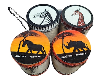 A Kenyan Set of 4 Mini Drums Wildlife Theme Souvenirs Zebra Giraffe Rhino Donkey Hakuna Matata Decor Collectible