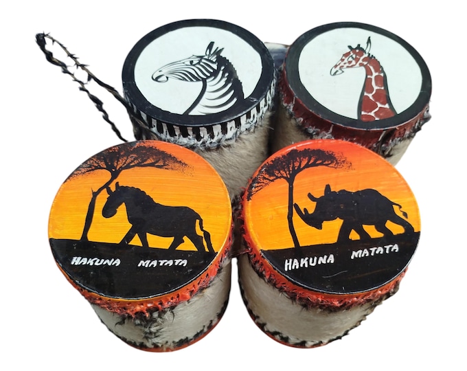 A Kenyan Set of 4 Mini Drums Wildlife Theme Souvenirs Zebra Giraffe Rhino Donkey Hakuna Matata Decor Collectible