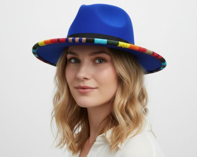 Royal Blue Wool Fedora Hat with African Beaded Brim - Boho Tribal Statement Hat
