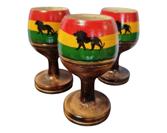 On sale !!Hand-Painted Wooden Goblets with Reggae Lion Motif - Set of Three |Traditional Decor| Home Decor