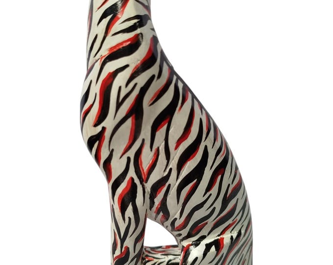 Hand-Painted Wooden Tiger Figurine with White, Red, and Black Stripes - African Art Decor - African Art Decor-Table top console top Art