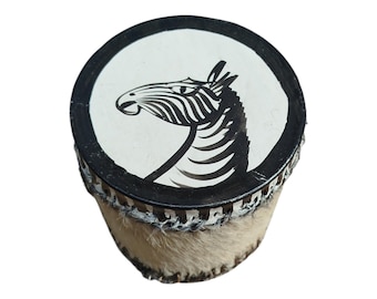 A Zebra Hand Painted Kenyan Mini Drum African Souvenir Fur Sides Tribal Art Decor Gift Collectible Decor