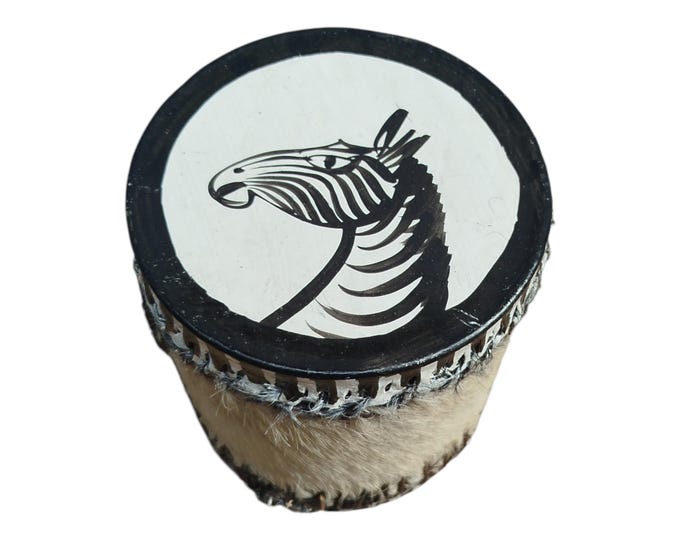 A Zebra Hand Painted Kenyan Mini Drum African Souvenir Fur Sides Tribal Art Decor Gift Collectible Decor
