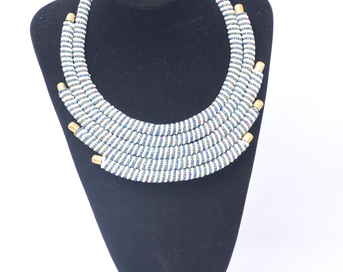 On SALE  Exquisite Multi-Strand White & Blue Beaded Necklace with Gold Accents | Stylish | Gift for Her | Masai Mara