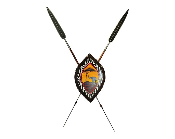 Samburu Legacy: Spears & Shield for Hunt and Home Décor (Elephant Dawn) 1 shield of your choice and 2 Samburu Spears