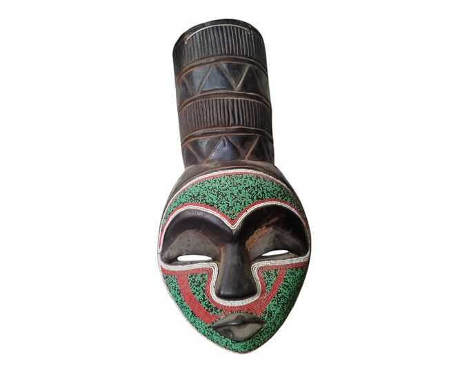 ON SALE!! Ancestral Grace: Punu Green & Red Beaded Mask with Elongated Form Wall Decor Display Wall Hanging Ceremonial