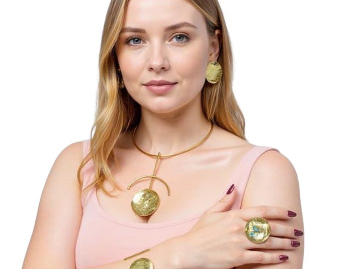 Wholesale Hammered Brass Jewelry Set Statement Necklace Earrings Bracelet Ring Hand Modernist Gold Tone Chic Wedding Birthday Gift For Her