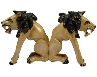 A Hand-Carved Wooden Lion Figurines - Set of Two African Art Decor - Unique Home Accessory