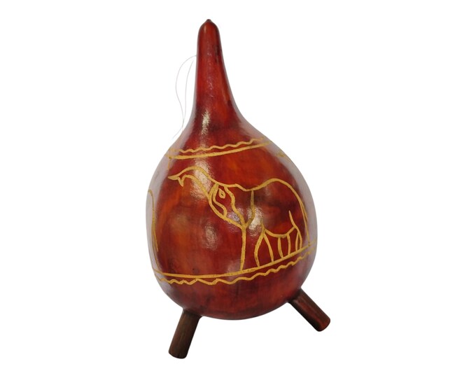 Hand-Painted Three-Legged Gourd Bottle with Elephant Design - African Art Decor - Cultural Wall Art- Unique Home decor