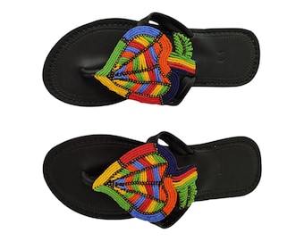 Rainbow Beaded Leather Sandals: Handmade African Art Flip Flops
