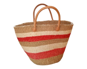 African Sisal Kiondo Handbag Red, White, and Brown Beach Bag Handmade Gift African Decor Shopping Bag Laundry Basket Fiber Art