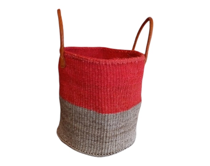 African Sisal and Leather Handbag Kiondo Brown and Red Planter Handmade Unique Gift African Decor Shopping Bag