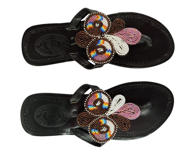 Unique Beaded Sandals Women Summer Beach Handmade African Wedding Birthday Gift Colorful Floral Butterfly Flip-Flops Finest Beads Art Wow