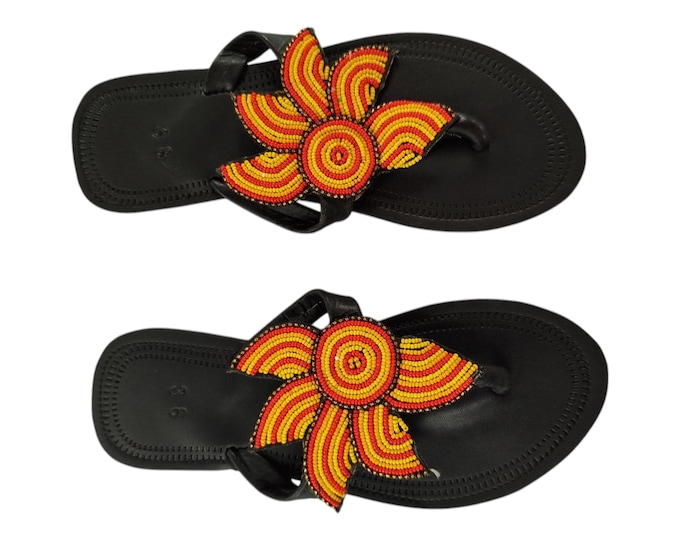 Red Yellow Flower Sandals Women Summer Beach Handmade African Wedding Birthday Gift Colorful Floral Beaded Leather Finest Beads Art Wow