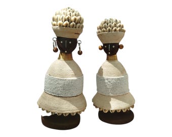 A pair of Elegant White African Namich Dolls with Cowrie Shells Art gift wood Table top Home Decor Shelf Shop