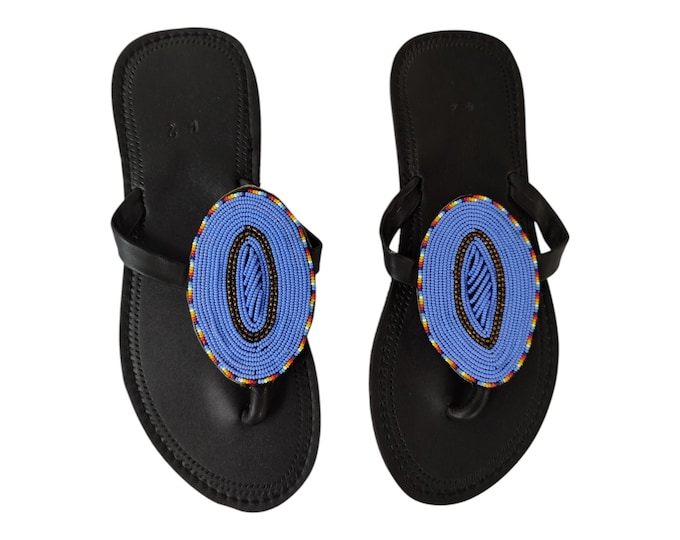 Blue Leaf Beaded Sandals Women Summer Beach Handmade African Wedding Birthday Gift Colorful Oval Design Leather Finest Beads Art Unique Wow