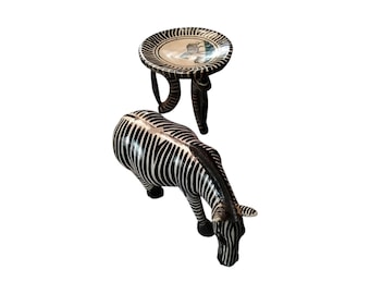 Hand-Carved Zebra Figurine and Mini Stool Set, Black and White Striped Safari Decor, Unique Wooden Animal Statue & Accent Table Gift