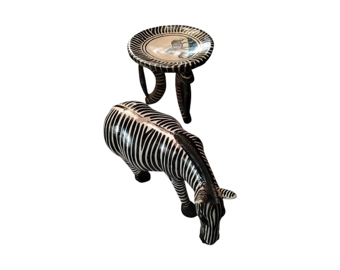 Hand-Carved Zebra Figurine and Mini Stool Set, Black and White Striped Safari Decor, Unique Wooden Animal Statue & Accent Table Gift