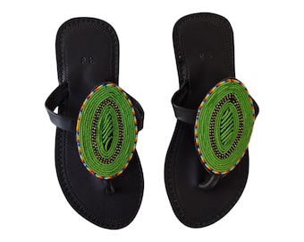 Green Leaf Beaded Sandals Women Summer Beach Handmade African Wedding Birthday Gift Colorful Oval Design Leather Finest Beads Art Unique
