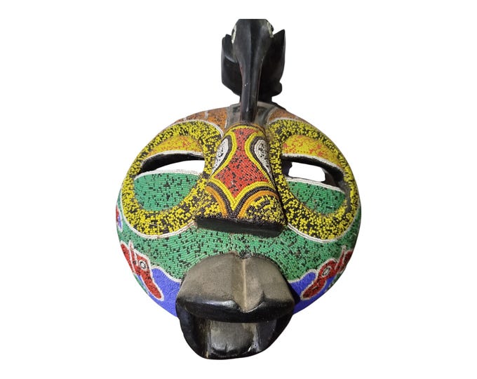 ON SALE!! Serene Ancestor: Baule-Style Green Beaded Mask with Vibrant Accents Wall Decor Display Wall Hanging Ceremonial