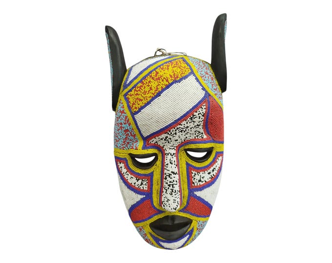 ON SALE!!Dynamic West African Beaded Mask with Bold Geometric Colors wall Decor Display Wall Hanging Ceremonial