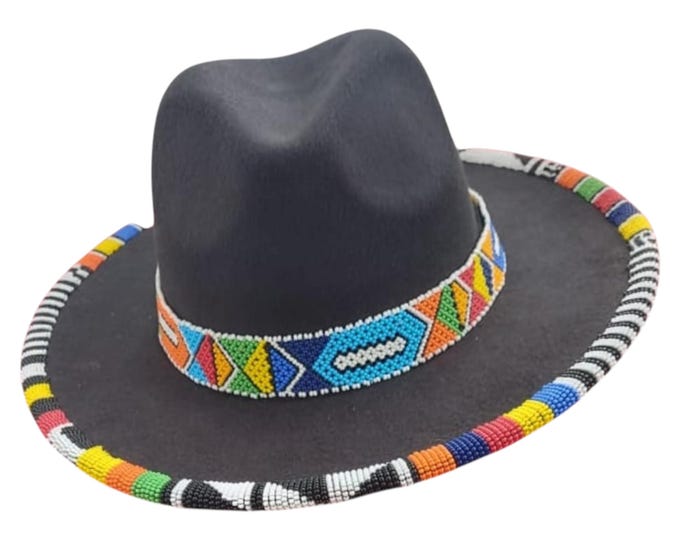 African Beaded Fedora Hat, Black Felt Wide Brim Boho Hat, Colorful Beaded Band Festival Cap, Handmade Vibrant Maasai Style Fedora