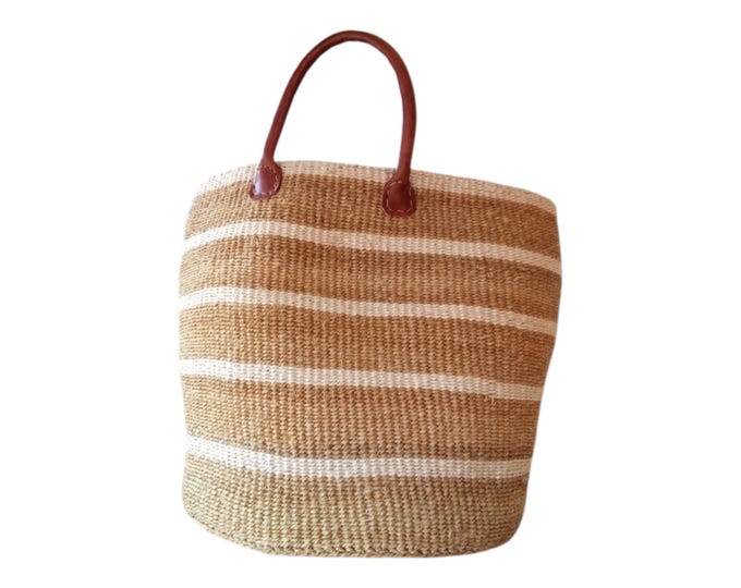 On Sale!! Handwoven Kenyan Sisal Tote Bag with Leather Handles: Striped African Kiondo Shopping Bag Laundry Basket Fiber Art