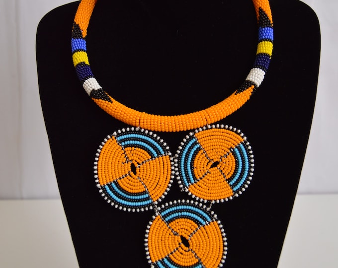 Beaded Orange Pendant African Necklace | Maasai Traditional | Gift for Her | Zulu Necklace