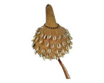 African Gourd Rattle with Cowrie Shell Netting: Traditional Musical Instrument & Decor