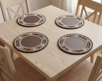 Hand-Beaded African Leather Table Mat - Feather Pattern Brown & Gold