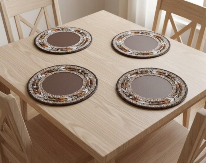 Hand-Beaded African Leather Table Mat - Feather Pattern Brown & Gold