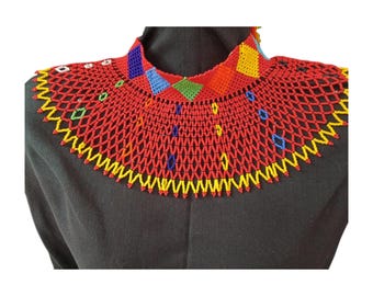 Dramatic Red Maasai Beaded Collar Necklace, Wide African Statement Jewelry, Handcrafted Tribal Choker, Authentic Ethnic Fashion Gift