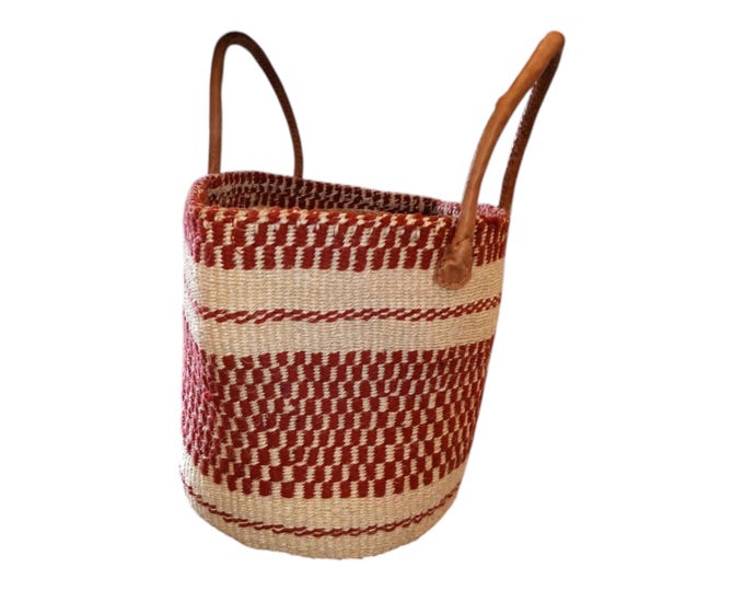 On Sale!! Handwoven Kenyan Sisal Tote Bag with Leather Handles: Striped African Kiondo Shopping Bag