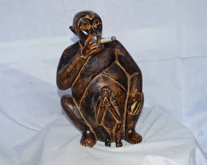 Carved Wooden Gorilla Smoking Cigarette Africa Safari