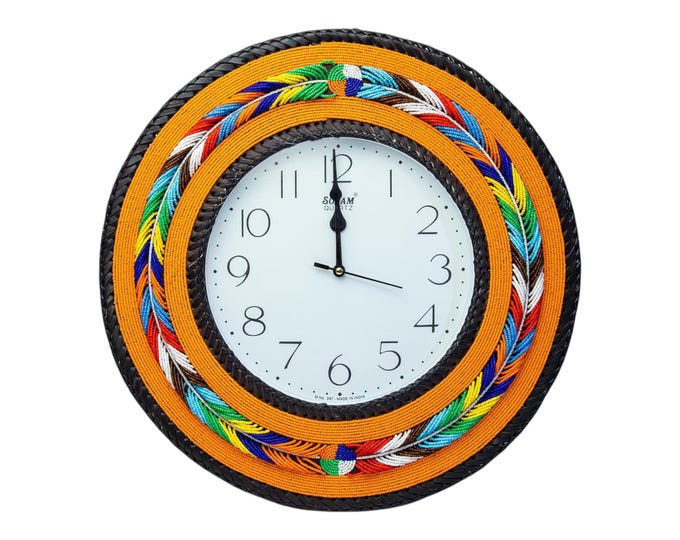 Handcrafted African Beaded Wall Clock, Vibrant Orange & Feather Pattern Frame, Boho Tribal Home Decor, Housewarming Gift