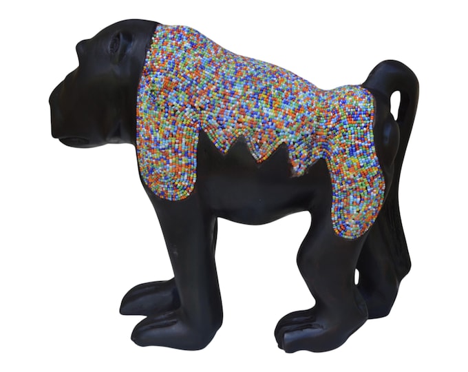 Ebony Wood Beaded  Vibrant Beaded Baboon Statue (African Wildlife Art) Sculpture Wooden  African Table Top Ceremonial Brown