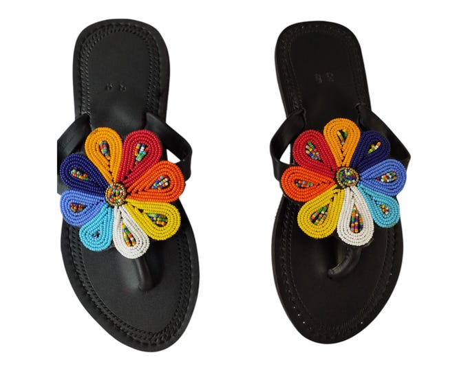 Rainbow Flower Sandals Women Summer Beach Handmade African Wedding Birthday Gift Colorful Beaded Leather Look Finest Beads Art Unique Wow