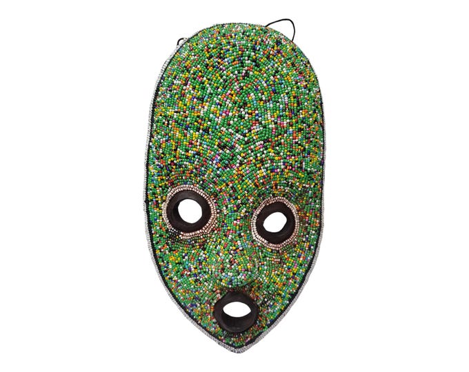 On Sale Exquisite West African Mask with Green and White Beads (Hand-Carved Wood) Tribal Art Wall Decor or Collection Hanging Ceremonial